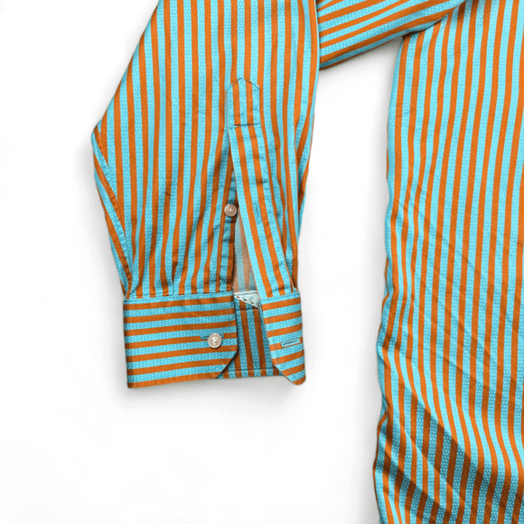 Robert Graham Shirt Adult EXTRA LARGE Blue Yellow Stripes Button Down Dress - Picture 6 of 8